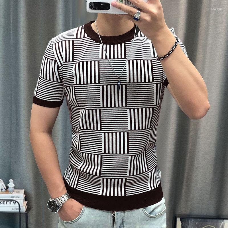 

Men's T Shirts Men Streetwear Print Knitted Sweater Tees High Elasticity Contrasting Stripes Pattern Short Sleeve Tshirt Slim Bottomed Shirt, Black