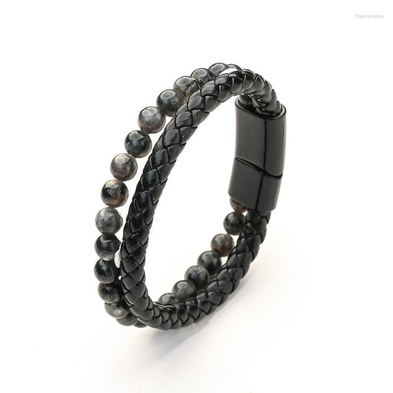 

Strand Beaded Strands Multilayer Rope Braided Leather Bracelets For Men Classic Stainless Steel Magnetic Clasp Natural Stone Bead Bangles
