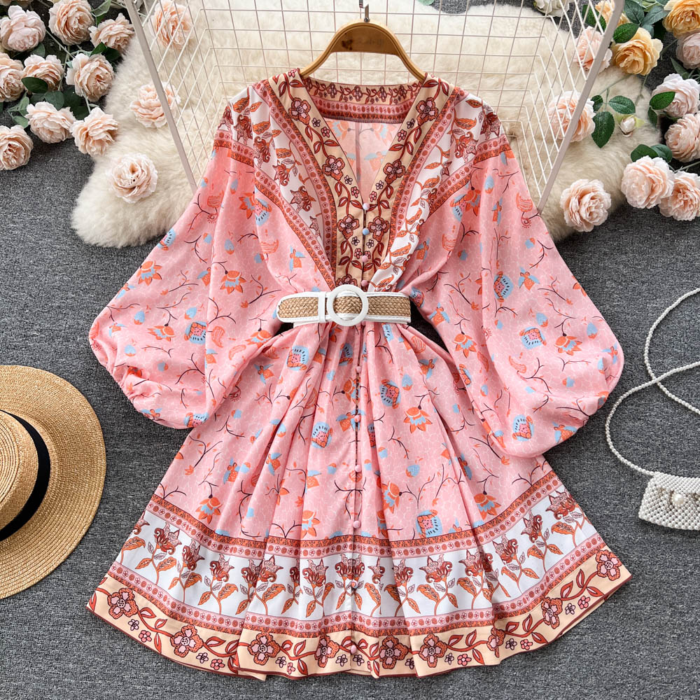 

2023 Casual Dresses Summer Spring New V-neck Long Sleeve Print A-line Dress Women Fashion Sweet Elegant Clothes Vestidos De Mujer, Same as picture