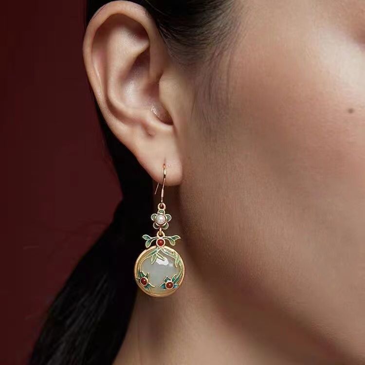 

Natural Hotan Jade Peace Buckle Earrings Burned Blue Auspicious Cloud Earrings Chinoiserie Style Earrings Female Retro temperament