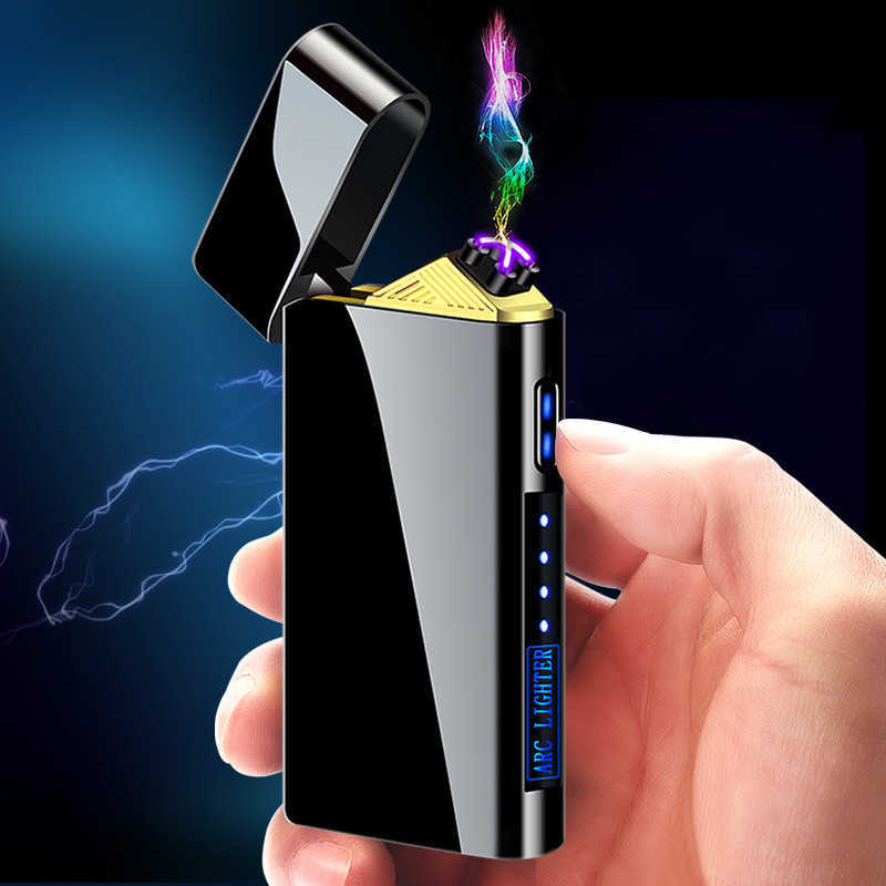 

New Metal Double Arc Windproof Men's Gift LED Screen Touch Sensor USB Rechargeable Portable Lighter Cigarette Accessories D9G6