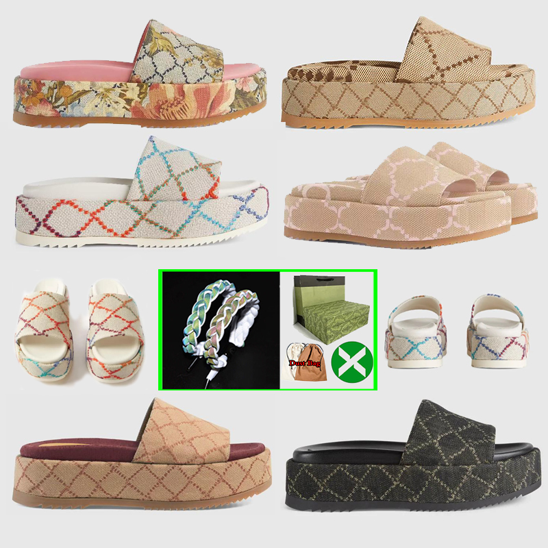

2023 slipper womens fashion embroidered canvas designer slides slip on slippers girls 60mm Canvas covered platform sandals and dust bags, Color #6