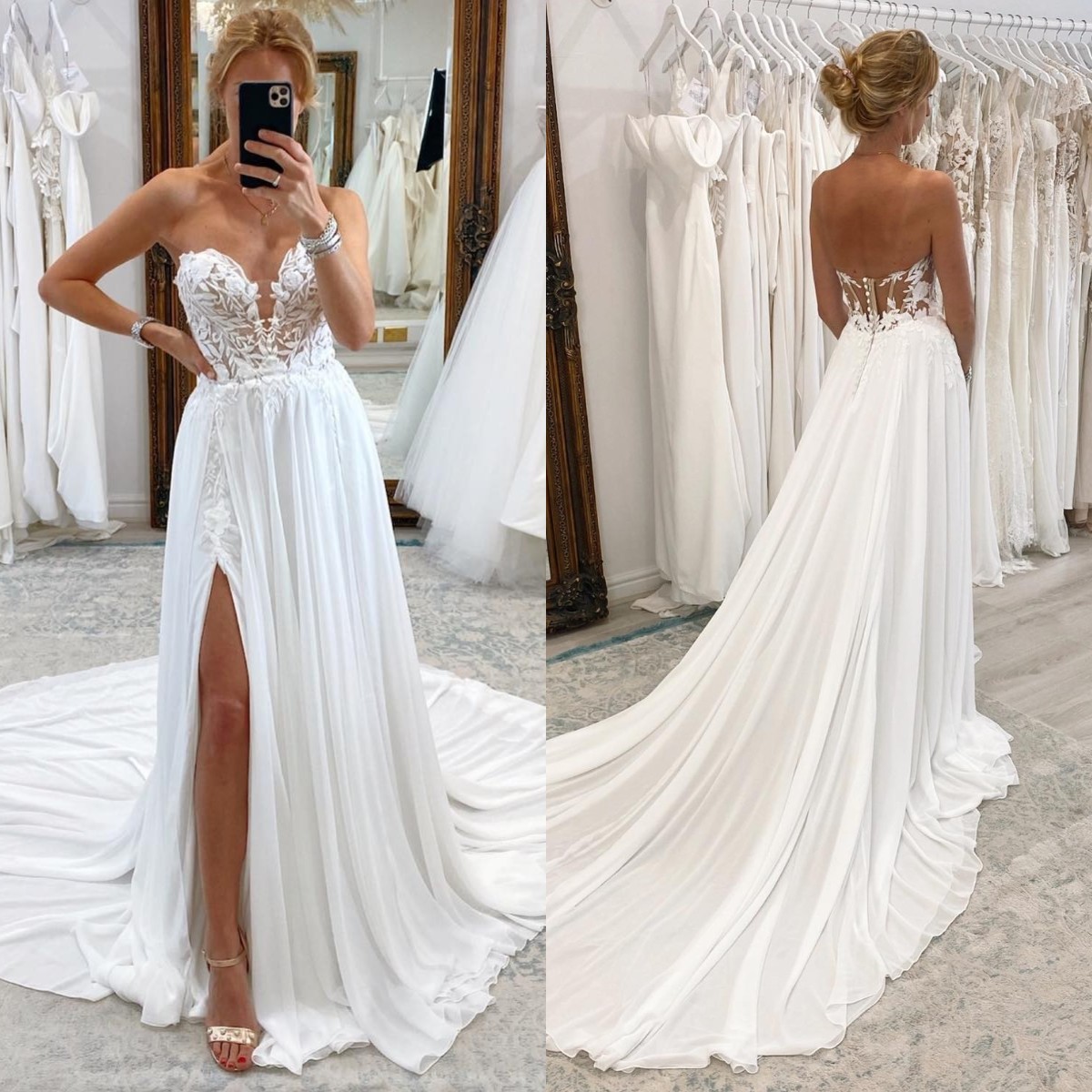 

Boho A Line Wedding Dresses Lace Sweetheart Button Back Wedding Dress Sweep Train Slit designer bridal gowns, White
