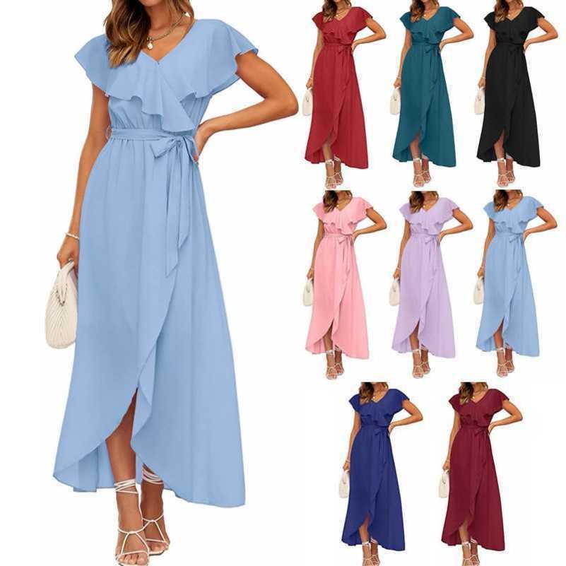 

Summer Women's V-neck Ruffle Lace Up Bottom Split Short Sleeve Dress, Blue