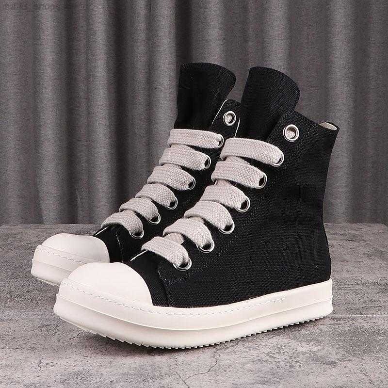

Street High Rick Canvas Shoes Jumbo Shoeslace Solid Black Male Sneakers Lace-up Rubber Owens Women's Sneakers Size 34-47