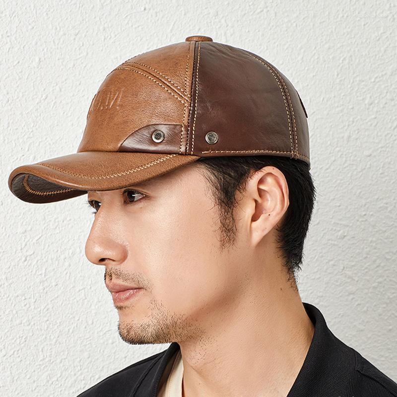 

Ball Caps 2023 Men's Two-tone Letter Baseball Top Quality Cowhide Real Leather Warm Hat Men Autumn Winter Thermal Adjustable, Black