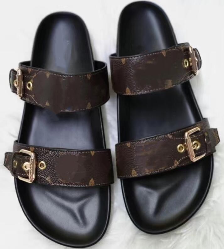 

Top designer slippers summer sandals flats sexy real leather platform shoes woman men slides fashion Slides 2 Straps with Adjusted Gold Buckles EUR35-46, 06