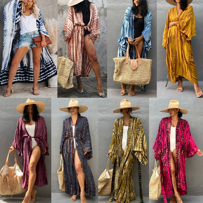 

Bohemian Printed Belted Kimono Dress Bikini Cover-ups 2023 Elegant Tunic Women Plus Size Beach Wear Swim Suit Cover, Pj-lb0712meihong