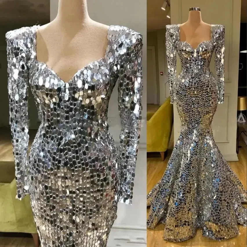 

Sparkly Sequins Silver Mermaid Evening Dresses Long Sleeves Arabic Evening Dress Dubai Long Elegant Women Formal Party Gala Gowns, Yellow