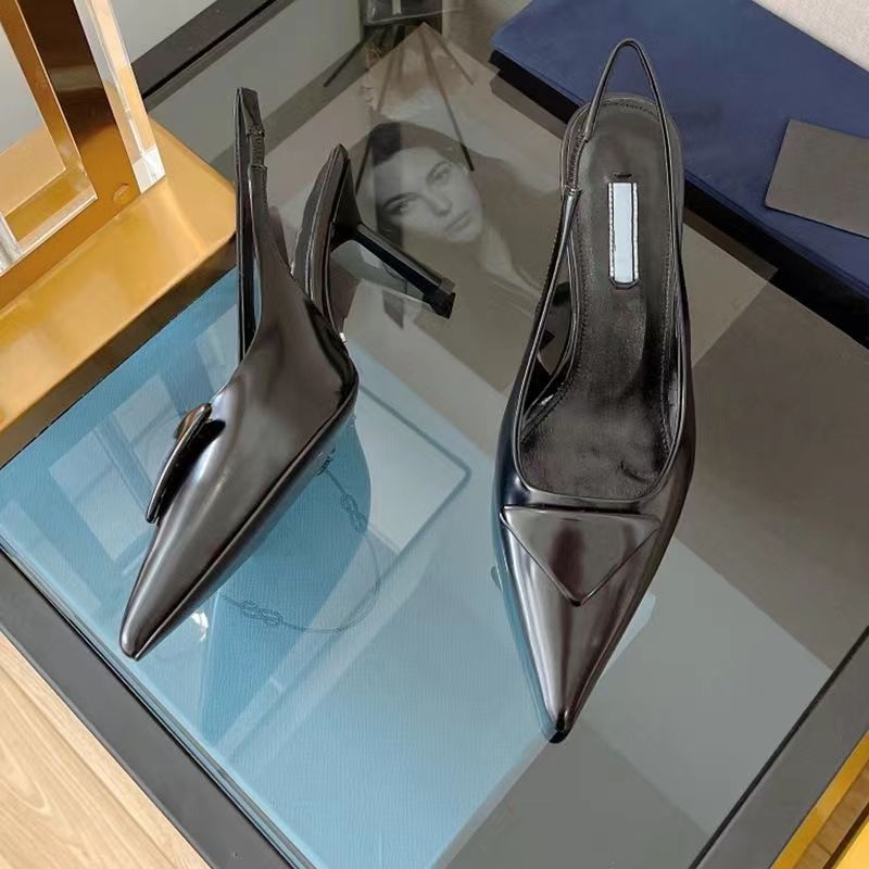 

Summer Triangle Brushed Leather Sandals Shoes For Women Slingback Pumps Luxury Footwear Women High Heels Party Wedding Dress 35-40