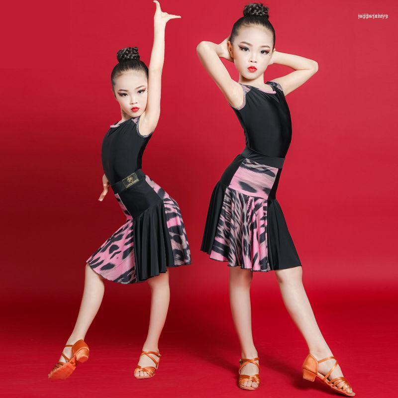 

Stage Wear Leopard Print Girls Latin Dance Dress Long Sleeve Kids Practice Ballroom Competition Performance Tops Skirt Set, Black