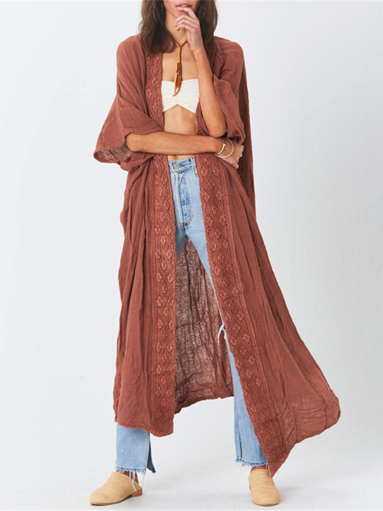 

2021 New Oversize Beach Cover Up Kimono Vintage Print Floral Holiday Bikini Outing Boho Loose Long Cardigan Solid Color Cover, Blue