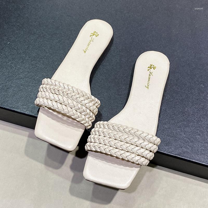 

Slippers Casual Flats Weave Summer 2023 Women Shoes Fashion Sandals Beach Dress Open-toe Flip Flops Designer Slides Lady Zapatos, Beige