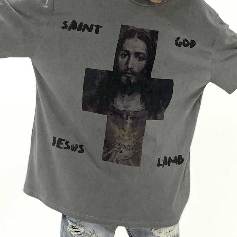 

Fashion designer luxury SAINT "God is Faith" Limited White Ink Direct Spray Printing for Old Wash High Street Short Sleeves super high quality, Gray6