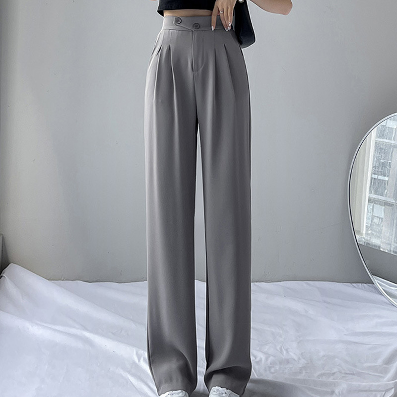 

Women Summer Suit Pants Korean Style Solid Color High Waist Loose Leg Trousers Office Ladies Female Straight With, Gray