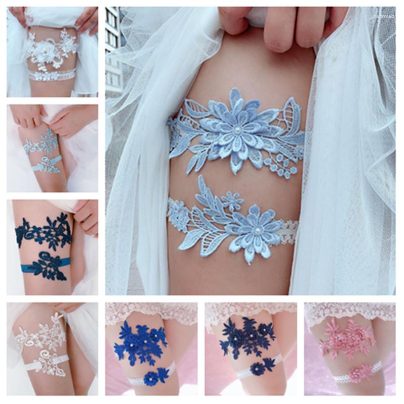 

Garters 2pcs Wedding Garter Navy White Embroidery Floral Sexy Women/Female/Bride Thigh Ring Bridal Lace Leg Loop, 04 sky blue