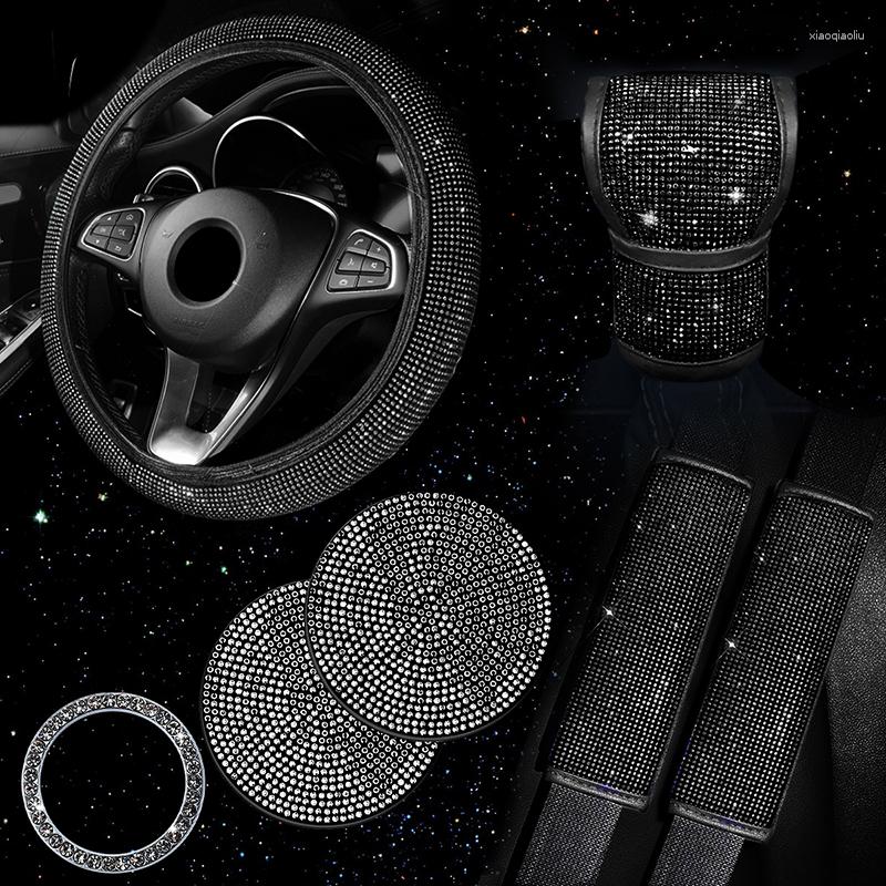 

Steering Wheel Covers 7Pcs Bling Car Cover Seat Belt Shoulder Pad Shift Knob One-Key Start Sticker Women Accessories Set