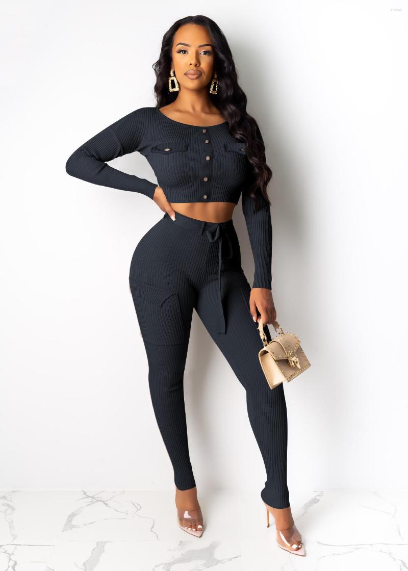 

Women' Two Piece Pants Felyn 2023 Quality Fashion Design 2 Pcs Women Set Solid Pocet O-neck Short Tops Long Casual Outfits, Black