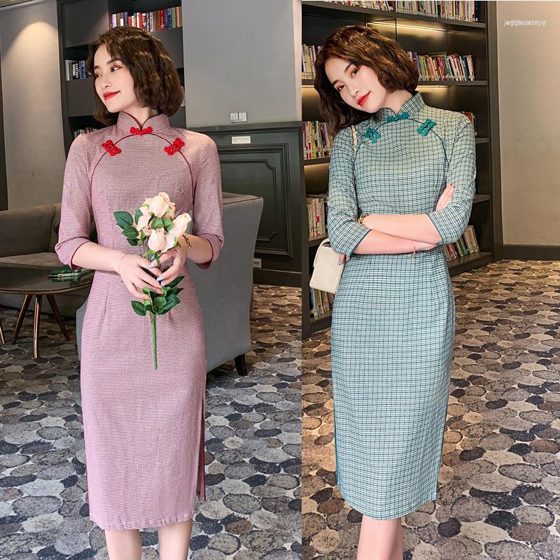 

Ethnic Clothing Traditional Chinese Grid Dress Half Sleeve Cheongsam Banquet Costume Short Qipao Woman Oriental Evening Party Dresses