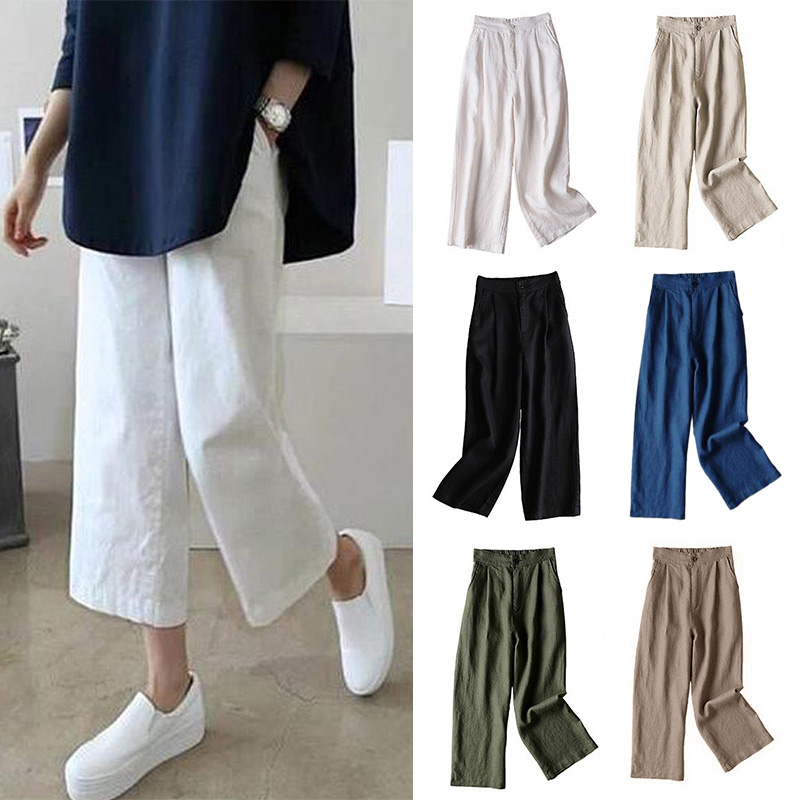 

Summer Women Pants Casual Solid Color Elastic Waist Cotton Linen Wide Leg Cropped Pants High Waist Female Soft Loose, Loose linen pants