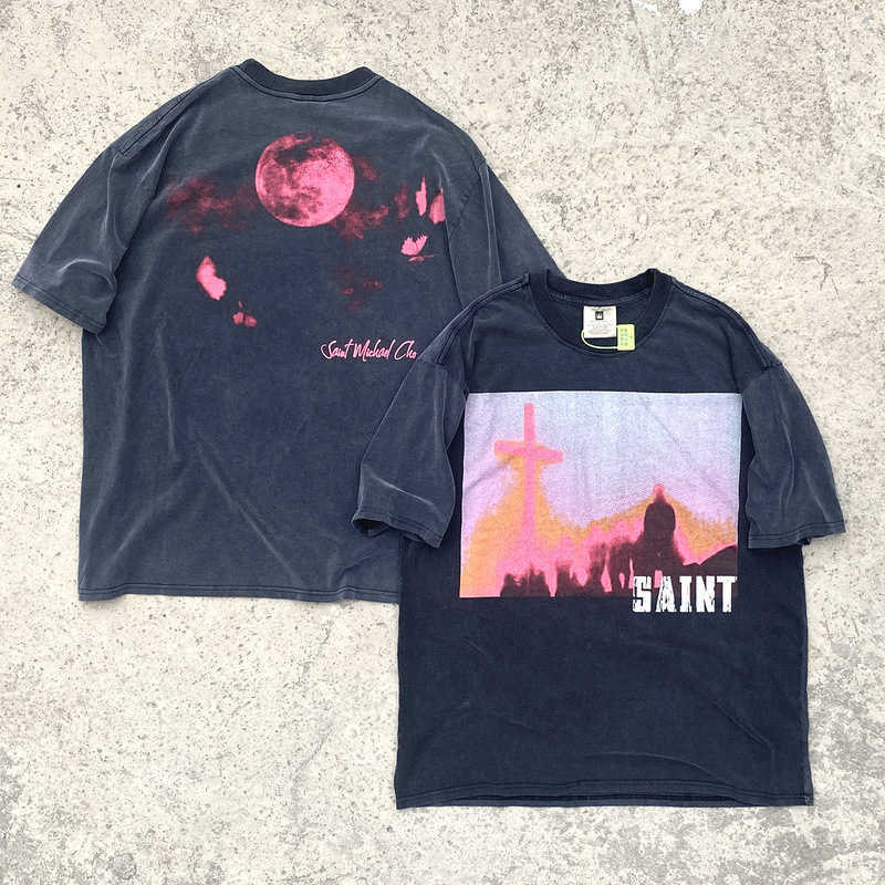 

Fashion designer luxury SAINT MICHAEL "Pink Planet" Limited High Street Distressed Vintage Short Sleeve T-shirt super high quality, Black6