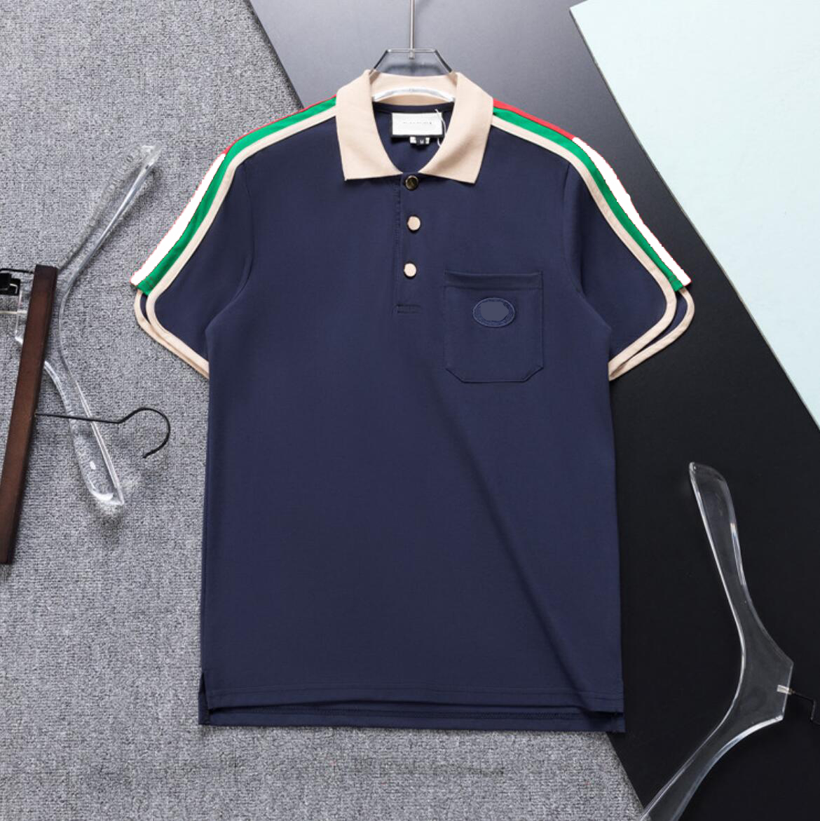 

Men Casual Golf Polos 2023 Summer O-neck Chest Logo Print Short Sleeve Colorful Striped Shoulder Shirts Mens Lapel Tops, Deep blue