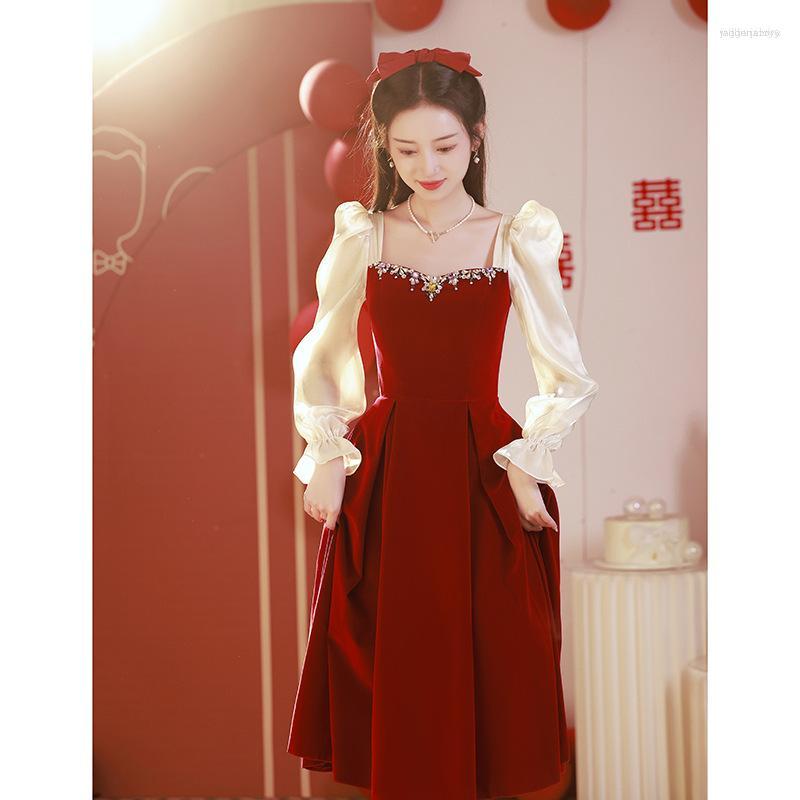 

Ethnic Clothing 2023 Toast Women Burgundy A-line Wedding Dress Long Sleeve Prom Formal Party Gowns