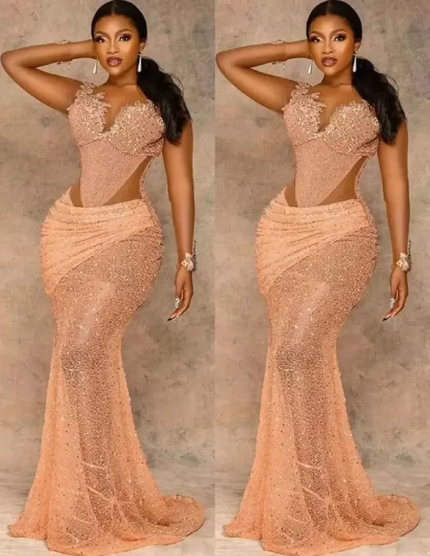 

Arabic Aso Ebi Mermaid Gold Lace Prom Dresses Sheer Neck Beaded Evening Formal Party Second Reception Gowns Dress Plus Size 2023, Water melon