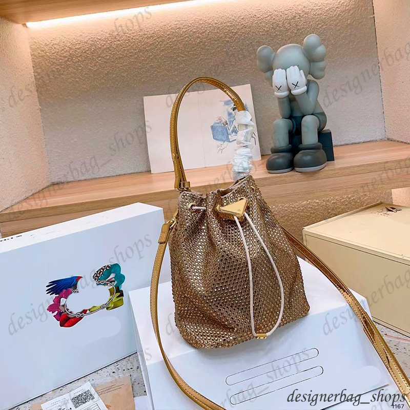 

designer bag shoulder bag Women Rhinestone shoulder bag, triangle logo glitter , rhinestone embellishment ladies crystal embellishment handbag bucket bag 230428, Gold