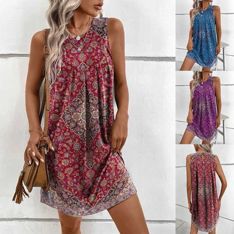

Spring/Summer New Women's Sleeveless Printed Ethnic Fashion Dress, Blue