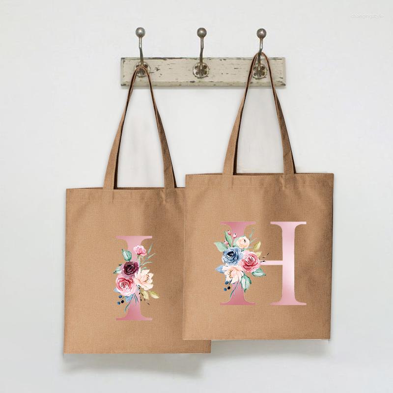 

Shopping Bags Ladies Bag Floral Letter Print Linen Tote Canvas Student Simple Eco-Friendly One Shoulder, 1pink0000