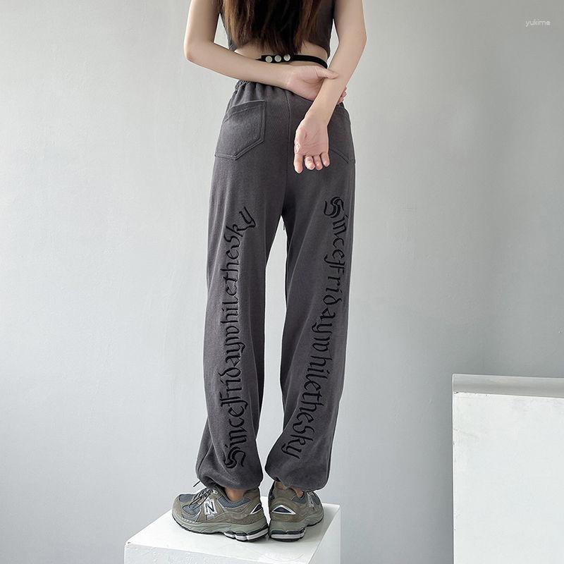 

Women's Pants American Style Trendy High Street Sweatpants 2023 Spring Autumn Letter Printed Cotton Loose Drawstring Casual Trousers, Dark grey