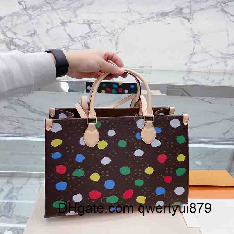 

Totes LQ Classic OnTheGo 36cm Bag 23SS X Yayoi Kusama Multicolor Dot Womens Designer Handbags Big Capacity Lady Tie Dye Shopping Bags with Small Round Purse M46379 AAA, Brown flower