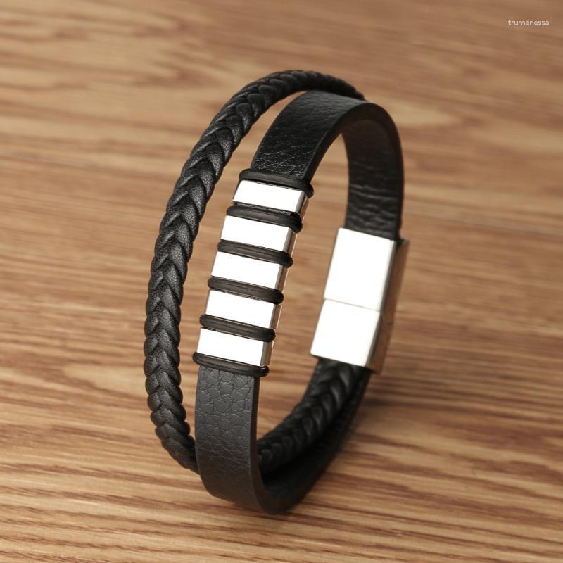 

Charm Bracelets Men's Titanium Steel Leather Multilayer Braided Bracelet Magnet Buckle Square Stainless Rope Bracelet.Charm Raym22