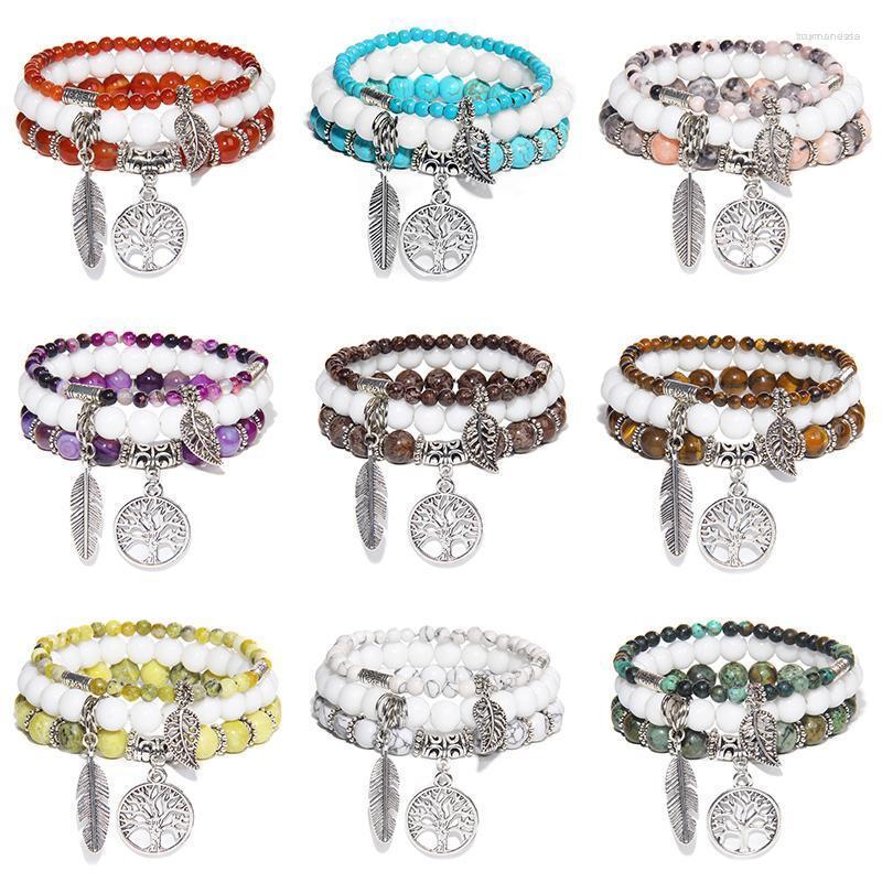 

Strand Beaded Strands Multi-layer Natural Stone Beads Charm Bracelet Women Men Round Turquoises Agates Feather Tree Of Life Pendant Jewelry