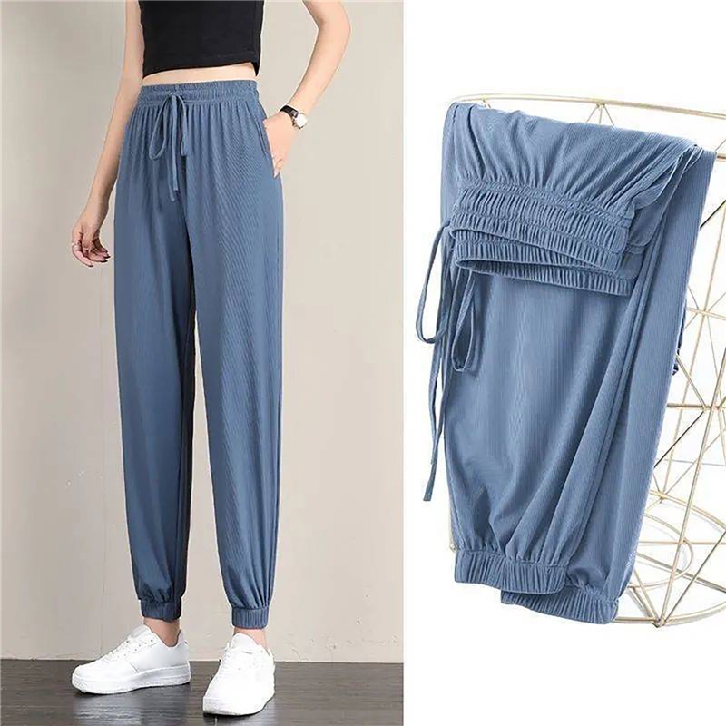 

Large Size Ice Silk Wide Leg Bloomers Pants Women's Summer Thin Drape Loose Straight Casual Pants Student Sports Cool, 2-green