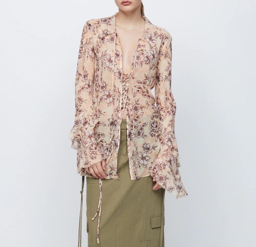 

Women's Blouses australian designer Long sleeve floral printed silk top, Beige