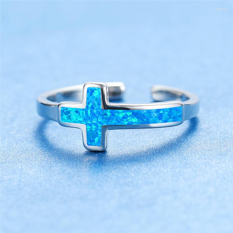 

Wedding Rings Boho Female Blue Cross Opal Finger Ring Elegant Silver Color Love Engagement Fashion Promise For Women