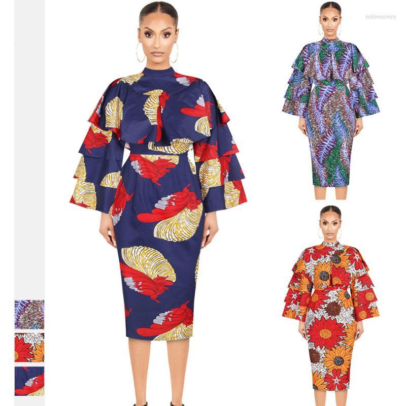 

Ethnic Clothing Vintage Woman Dress African Floral Print Fashion Ladies Ruffled Stand Collar Mid-Length Long Sleeve Bohemian Beach
