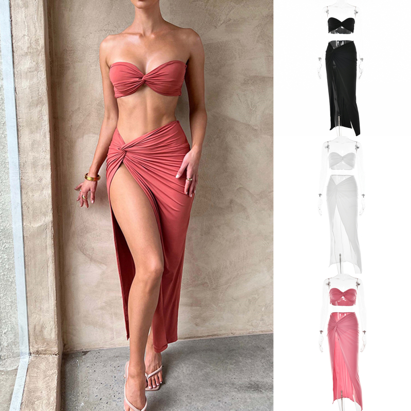 

Women Elegant Strapless Sexy Two Piece Skirt Set Women Beach Dresses Sleeveless Top High Split Skirt Matching Party Dress, White