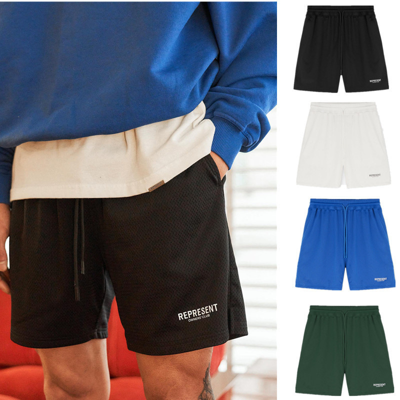 

summer represent letter print men cotton classic basketball fit tracksuit shorts with mesh lining, White