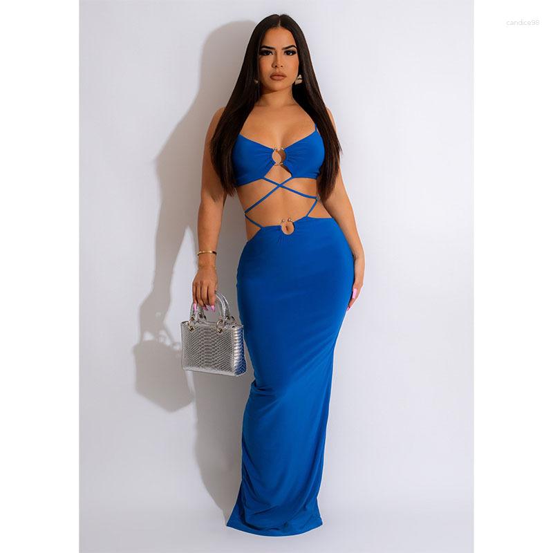 

Work Dresses 2023 Sexy Women Clothing -Sale Skirt Two-Piece Suit Sleeveless Short Top Floor Length Pure Color Sets, Blue