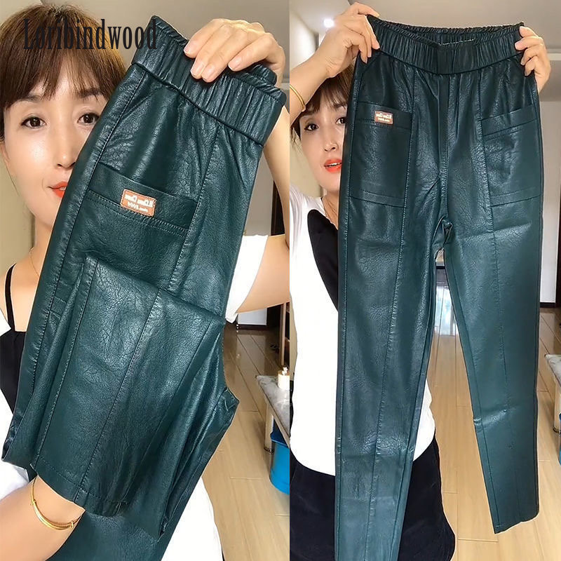 

2023 Fall Winter Leather Pants Women High Elastic Waisted PU Trousers Solid Color Retro Streetwear Harem Pants, Black