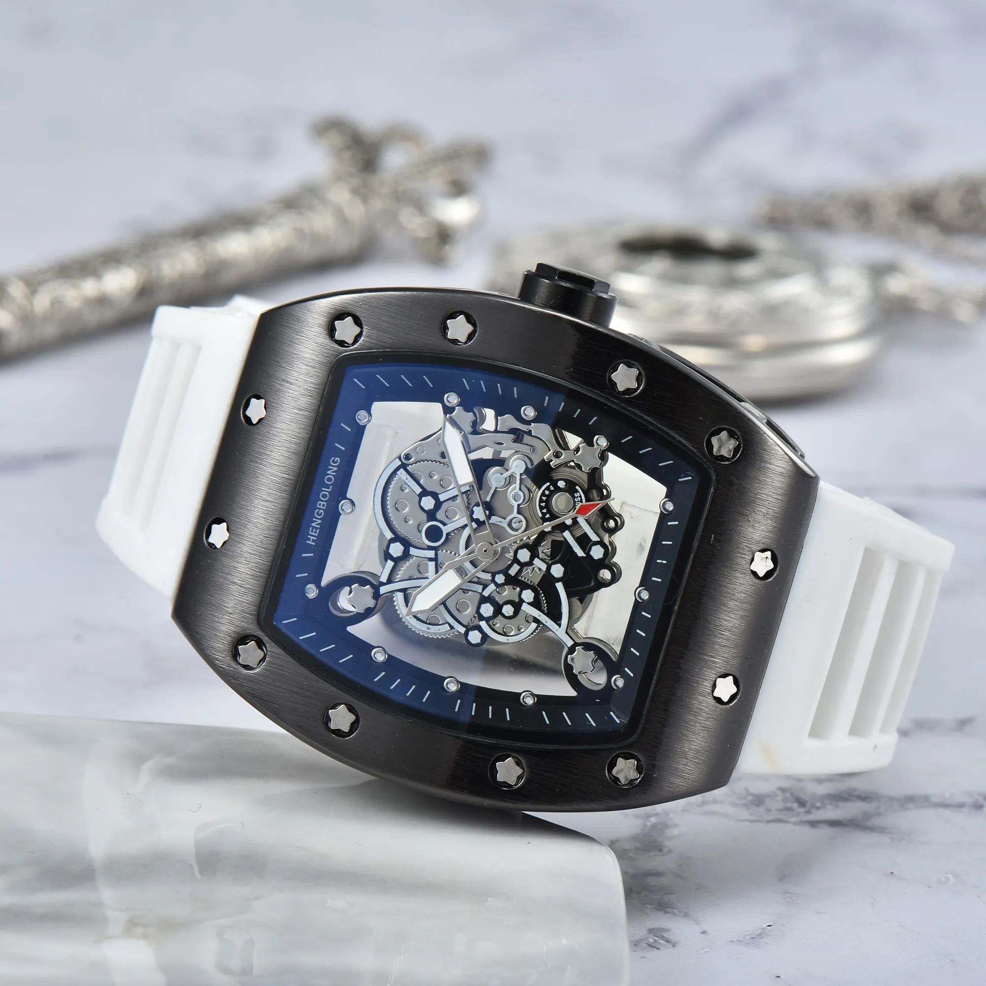 

3A transparent bottomRM 3 pins date watch limited edition men's watch top luxury -featured quartz watch silicone strap