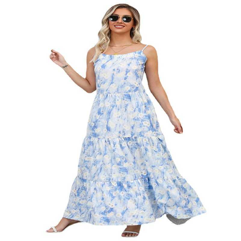 

New Women's Printed Dress Summer Strap Spliced Pleated Long Dress, Wathet