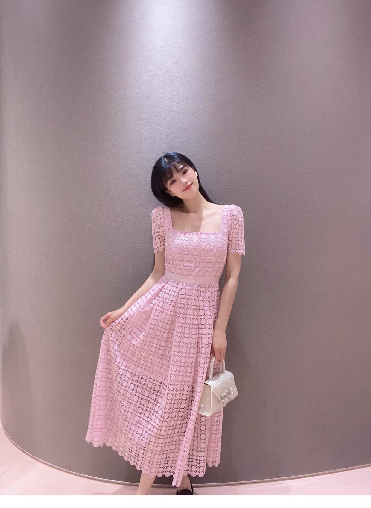 

New Dresses S-elf-Portrait Pink Lace Mini Dress Square Neck Short Dress for Women New 2023