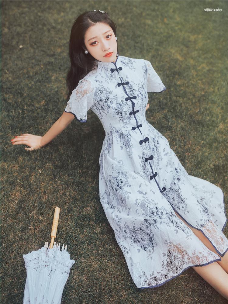 

Ethnic Clothing Chinese Dress Blue White Porcelain Qipao Retro Fairy Skirt Cheongsams Self Cultivation Cheongsam Summer Dresses