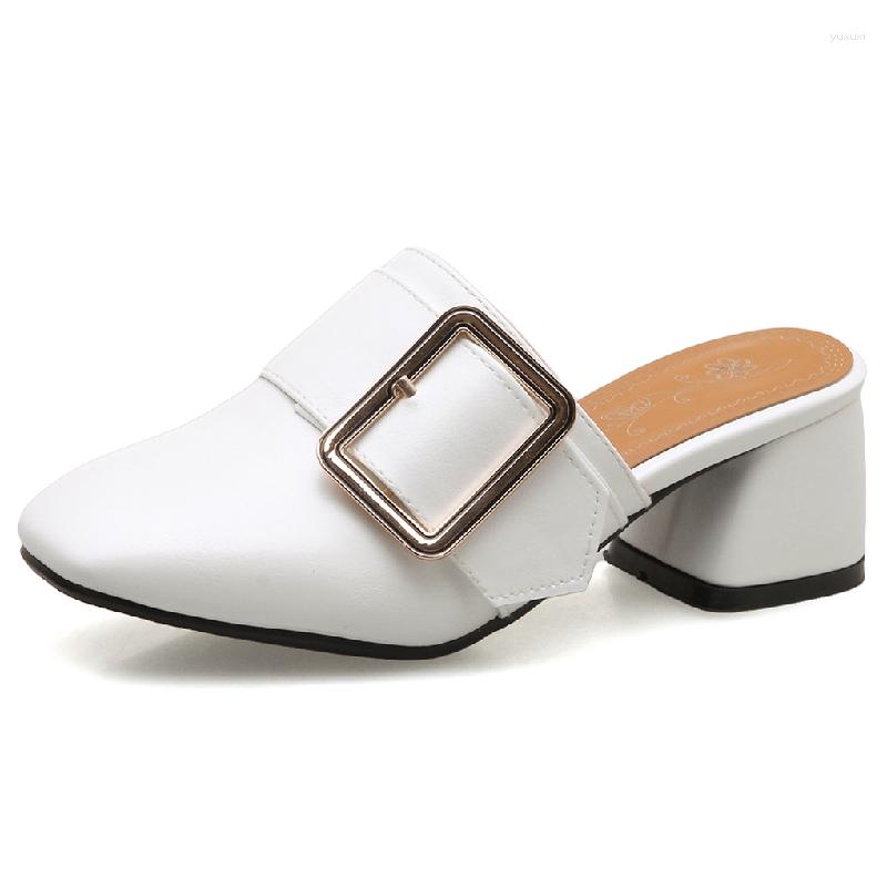 

Slippers Elegant Women Summer 2023 Thick Heels Sandals Ladies Fashion Buckle Mules Shoes Woman White Party Large Size 50