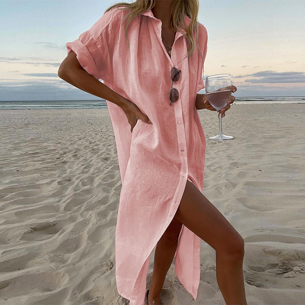 

Stylish Women Beach Dress Buttons Summer Maxi Dress Casual Pure Color Lady Maxi Dress Daily, White