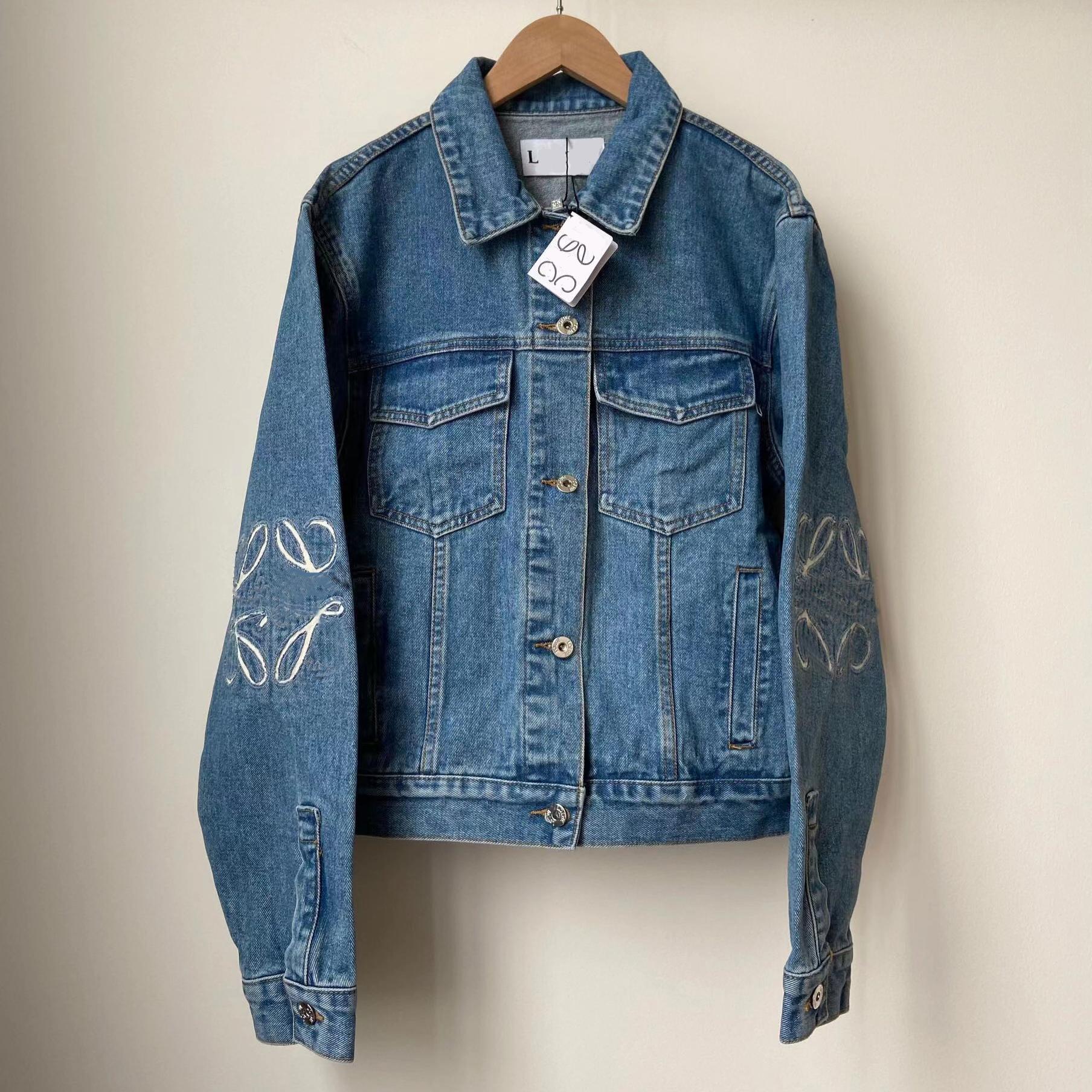 

Womens Denim Suit Hollow Out Patch Embroidered Jean Jacket Set With Pockets Casual Top Coat Designer With Irregular Pattern Jeans S-XL, Blue-jeans